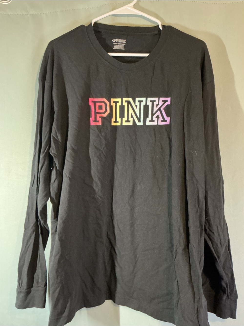 PINK Victoria's Secret Black Long-Sleeve Tee with Rainbow Lettering
